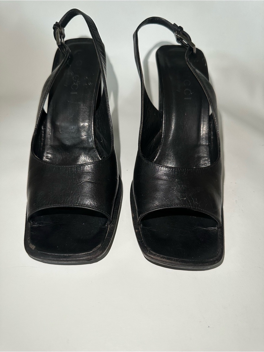 Gucci Black Leather Slingback Peep-Toe Heels